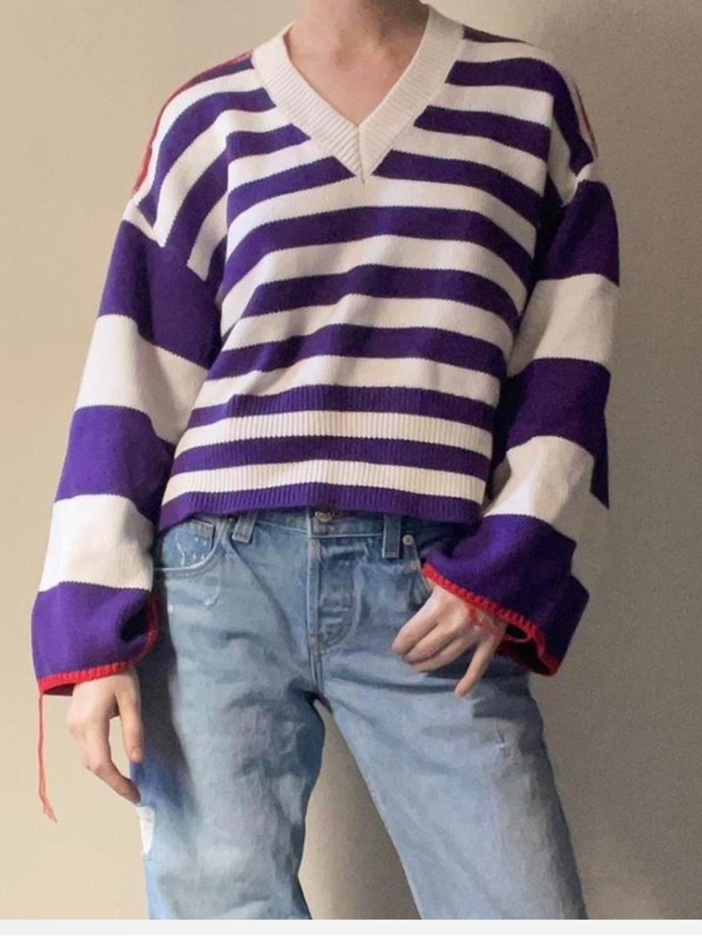 L'Academie Purple and White Striped V-Neck Sweater with Red Trim